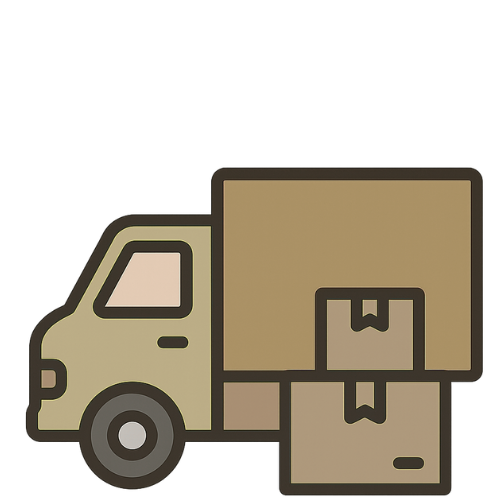 Bright vector icon of a moving truck and boxes, representing homeowners relocating and seeking quick cash offers for their properties.