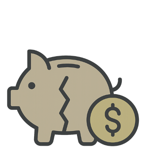 Icon of a broken pink piggy bank and dollar coin symbolizing homeowners in bankruptcy looking to sell their property quickly for cash.
